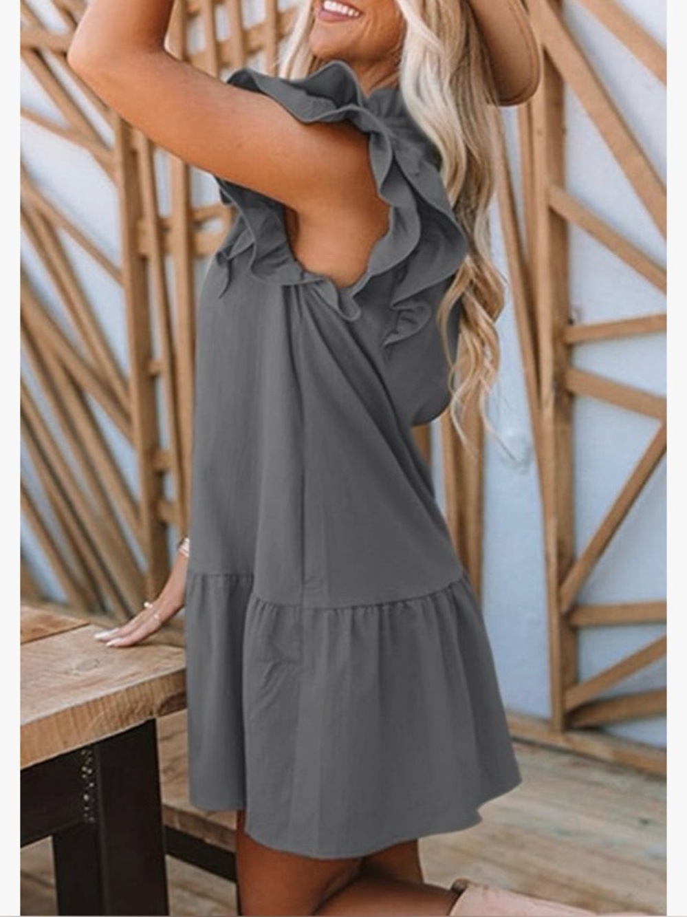 NWOT- Dokotoo Gray Ruffle Sleeve Babydoll Dress Size XXL (18) Boho Mini - Picture 2 of 11
